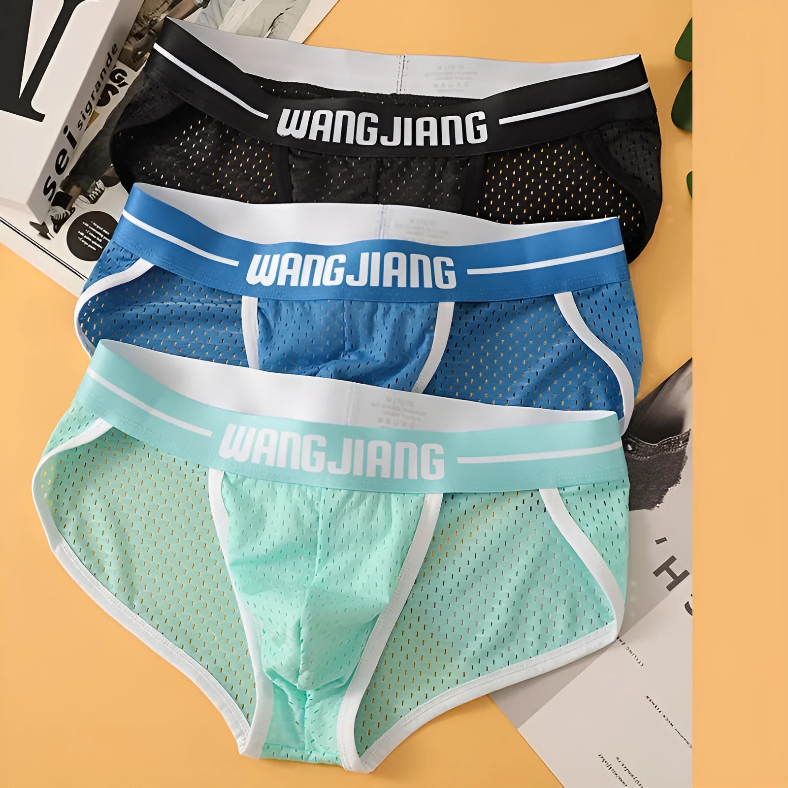 Men's mesh ice silk triangle underwear briefs in black solid colour quick dry nylon sport fit