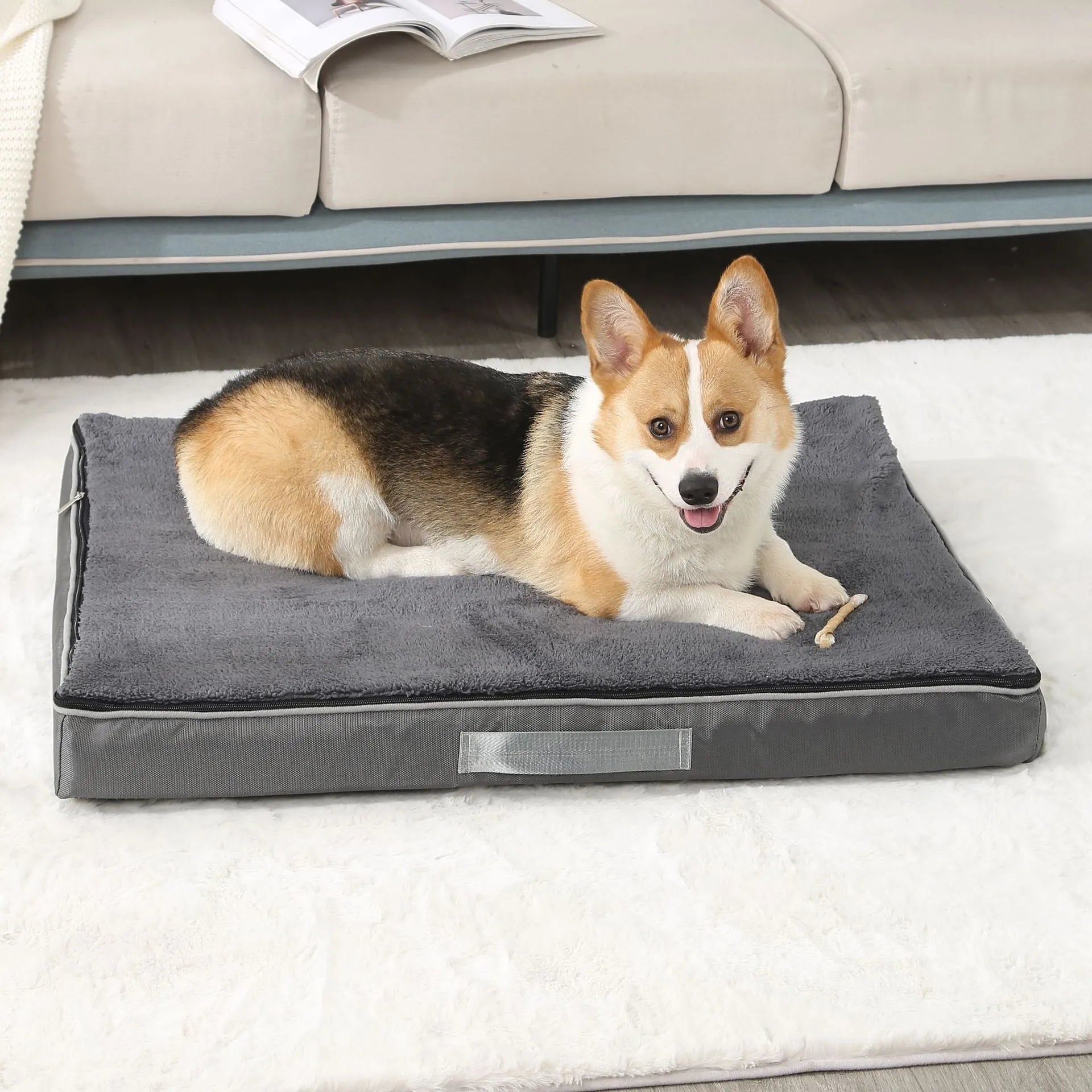 Brown removable washable dog pet mat with memory sponge cushion on wooden floor