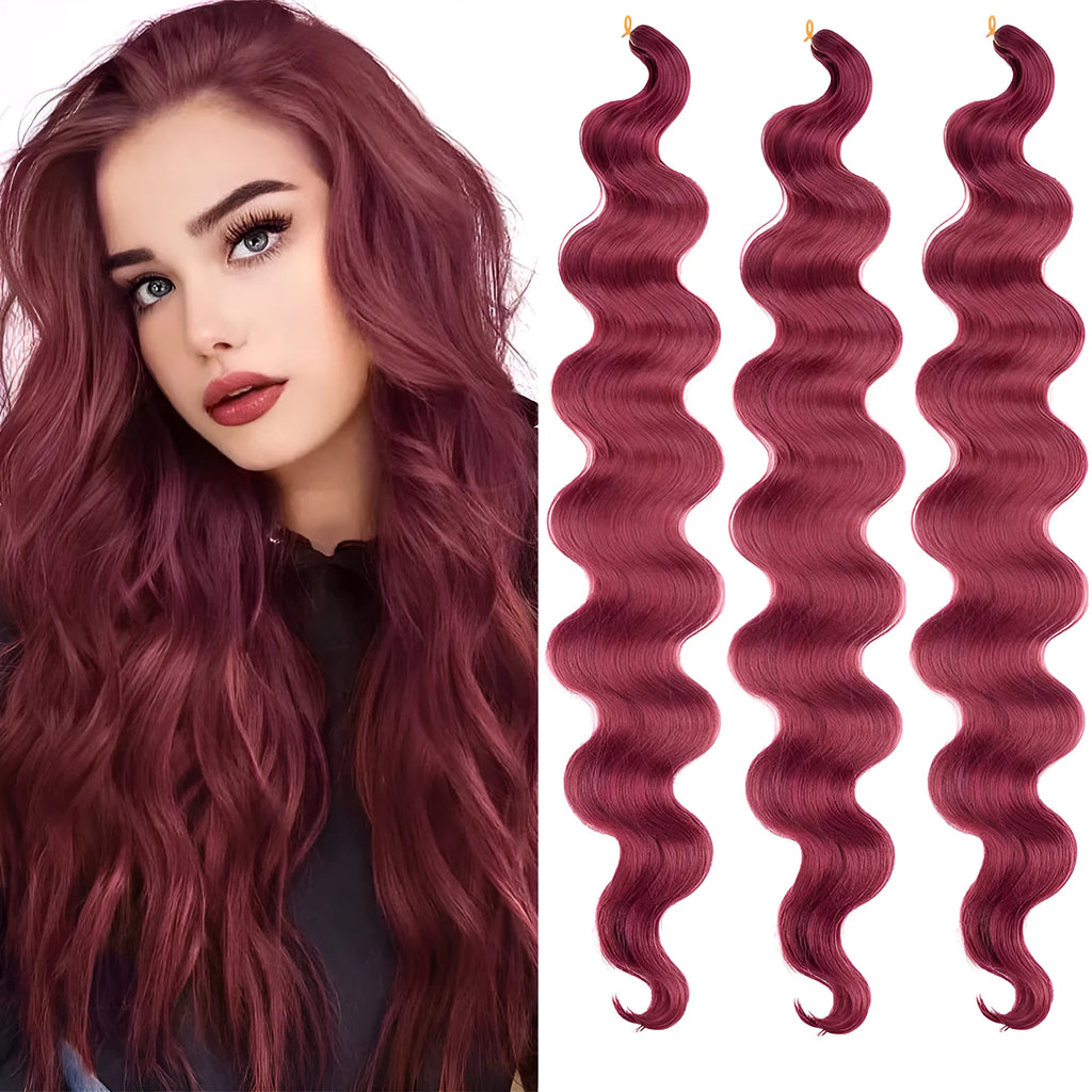 Long wine red synthetic crochet braid hair extension with big waves, 24 inches.