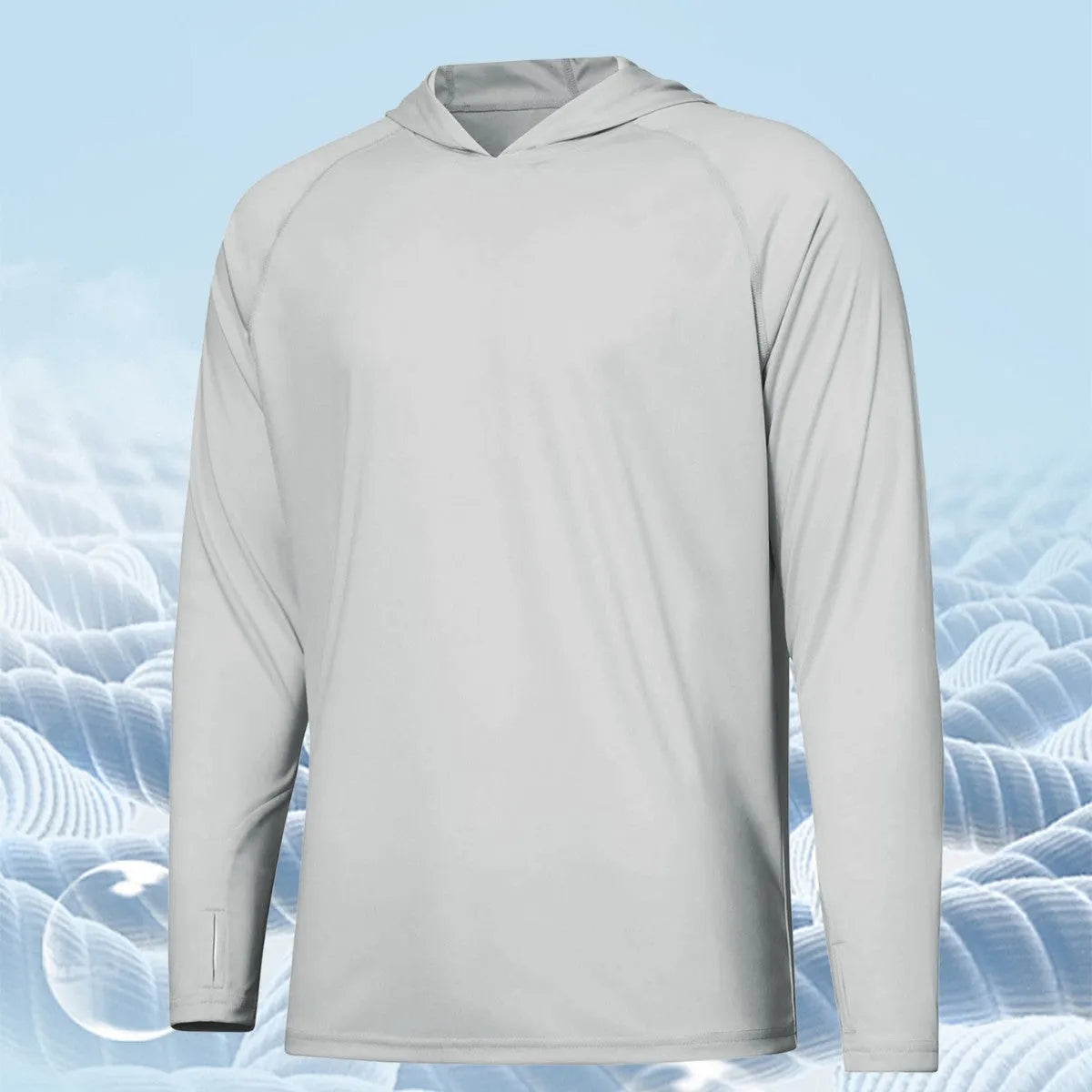 Outdoor UV protection long sleeve hooded thin top in solid colour, polyester fabric, with hood up.