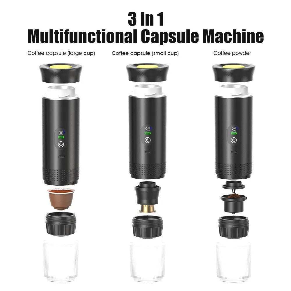 Portable electric capsule coffee machine with LCD display, black plastic body, 80ml water tank, for outdoor travel