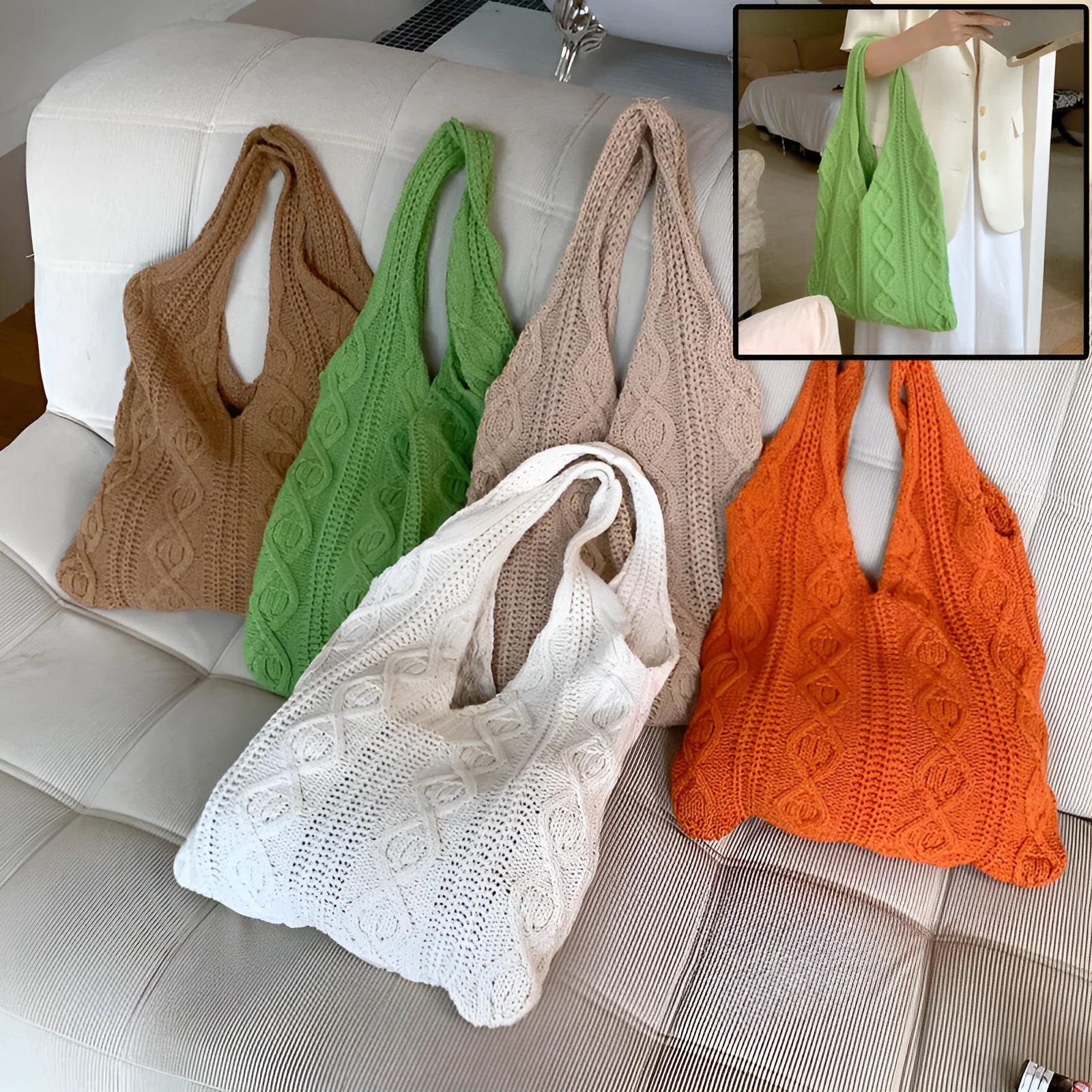 Retro hollow knitted wool yarn women's shoulder tote bag in solid colour showing double straps.