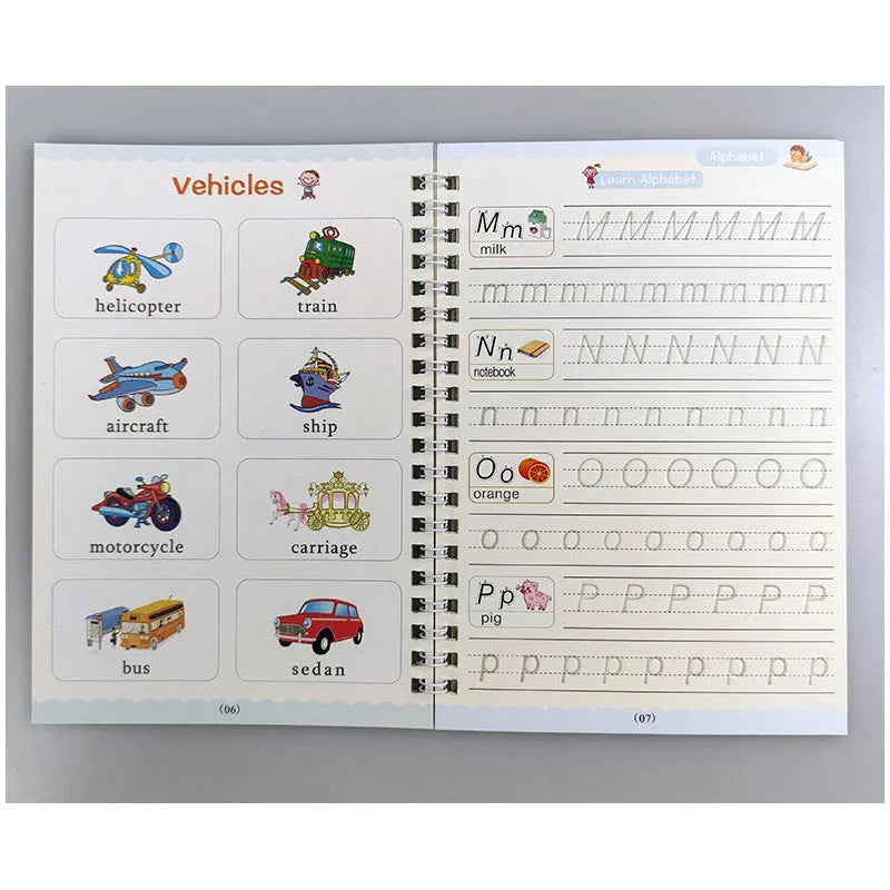 Reusable magic stylus copybook set with groove tracking, four A5 cardboard books, one pen, and four refills