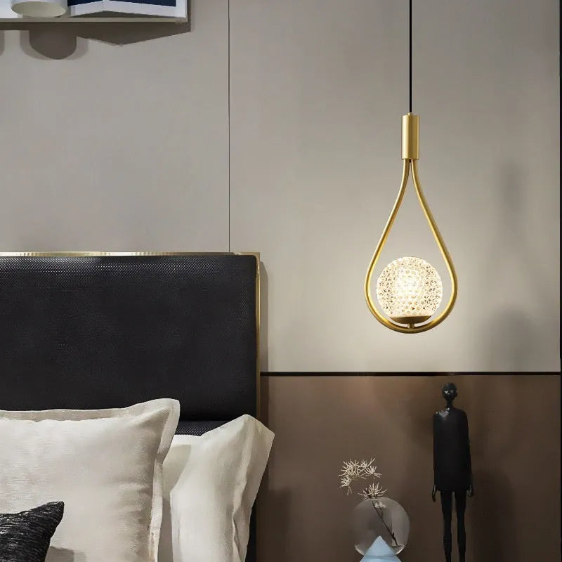 Modern minimalist bedside chandelier in copper honeycomb, copper milky white, or black gold finish with milky white shade