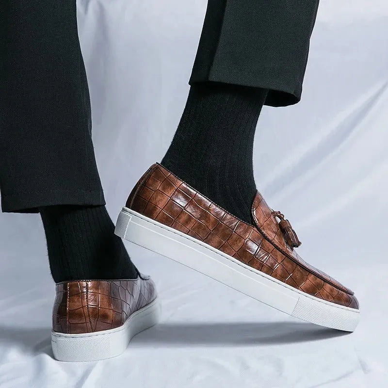 Men's plus size tassel detail leather sneakers in black, brown and white colour options
