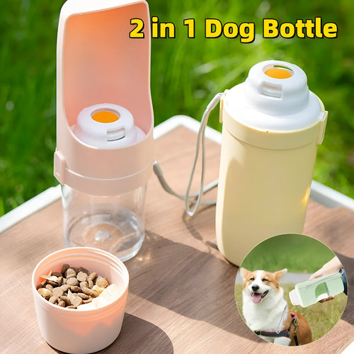 2-in-1 travel dog water bottle with 690ml capacity and lanyard, leakproof design for outdoor pet feeding