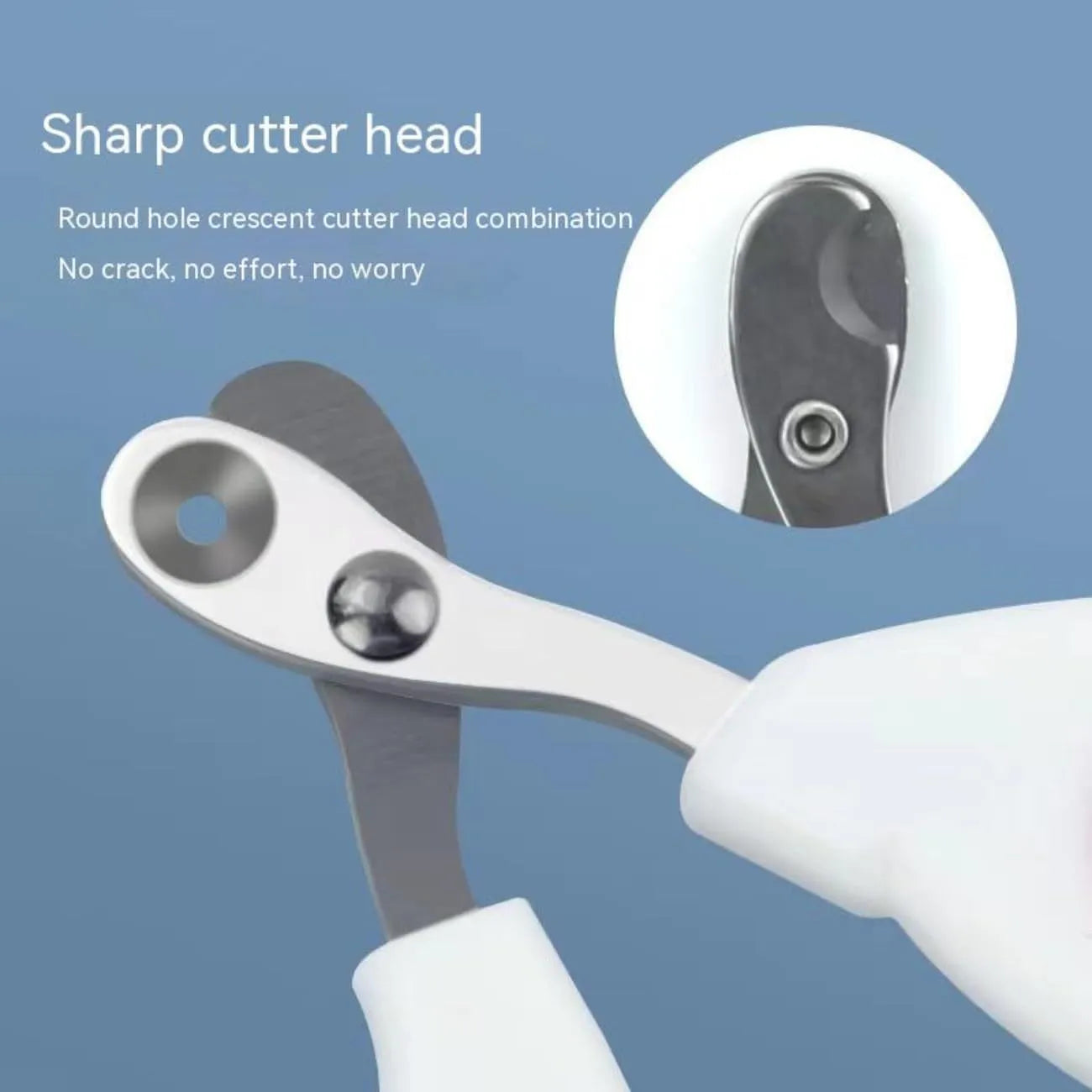 Blue cat nail clippers with circular hole design and cushioned non-slip handle for safe pet trimming