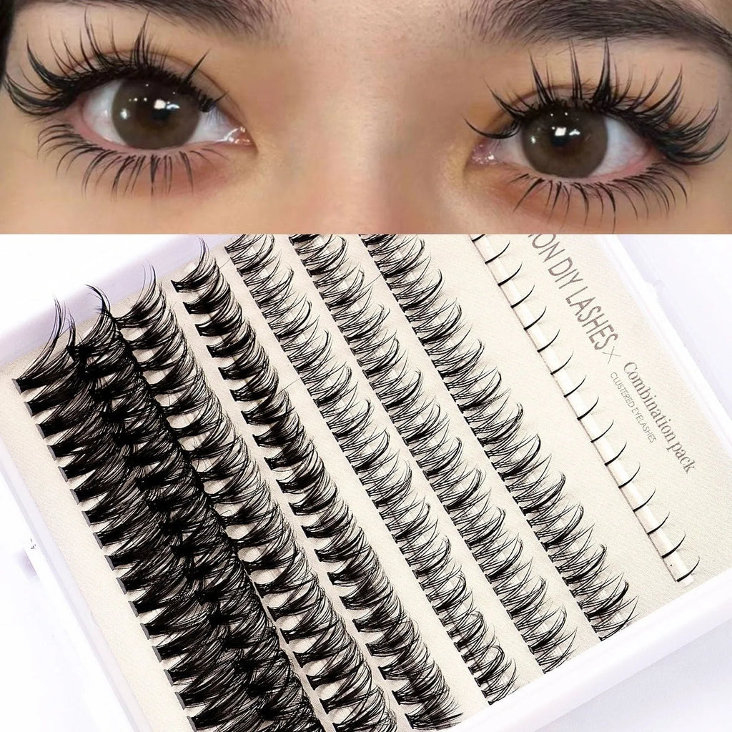 Single-cluster false eyelash glue suit with artificial fibre lashes, tweezers, and brush in black tools option