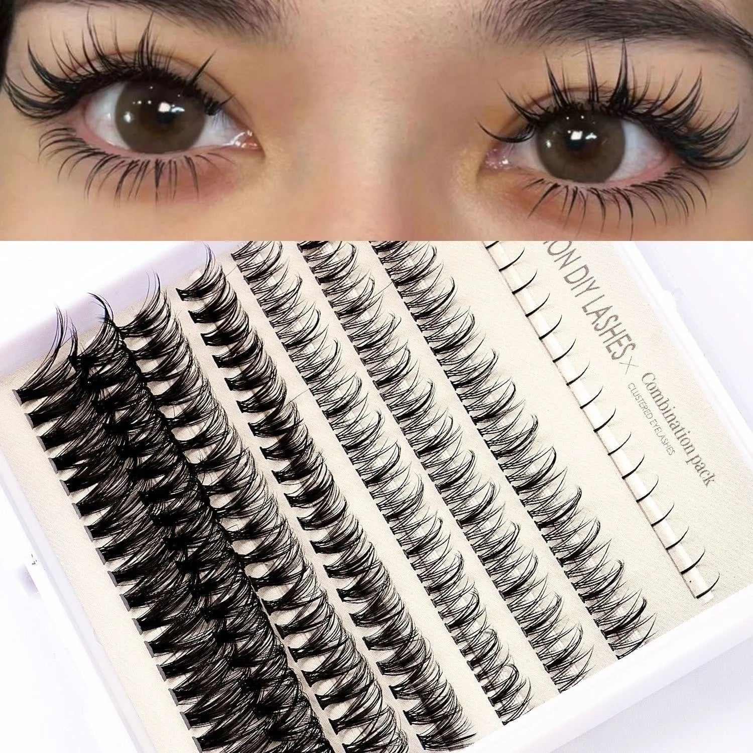 Single-cluster false eyelash glue suit with artificial fibre lashes, tweezers, and brush in black tools option
