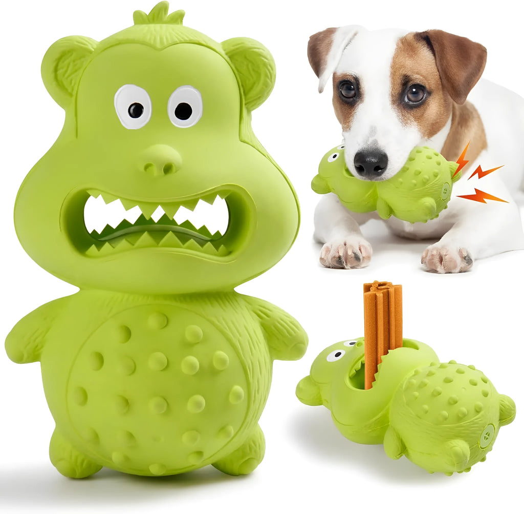 Green and yellow natural rubber squeaky dog toy for aggressive chewers.