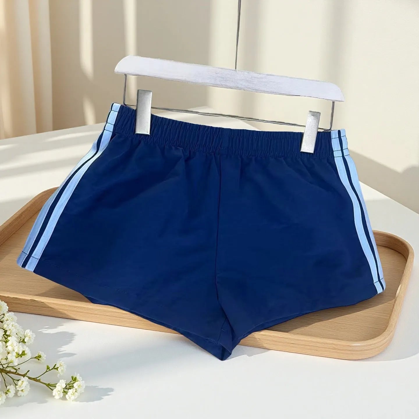 Men's navy blue high-waist casual sports shorts made from nylon, shown flat, size options XS-L