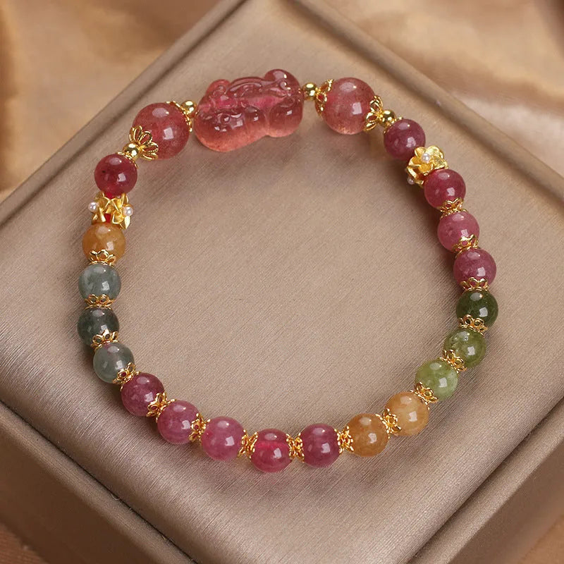 Candy color tourmaline strawberry quartz pi xiu bracelet 17cm women pink red crystal electroplating beads