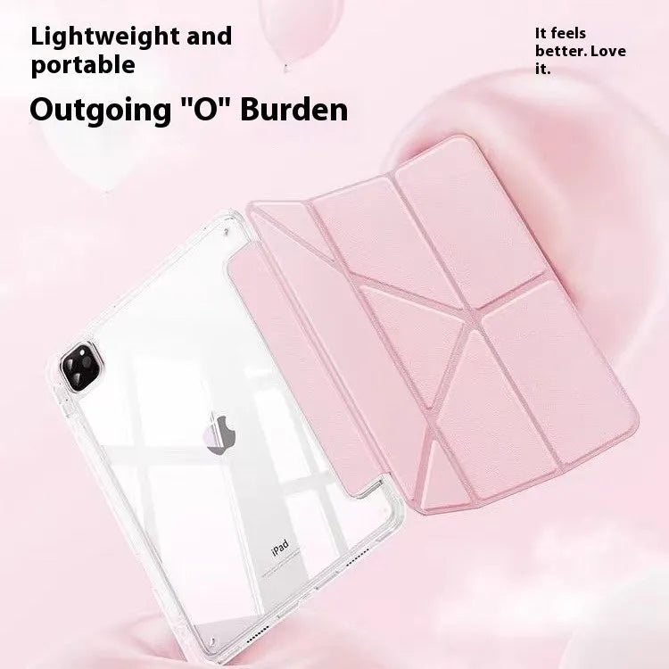 Transparent acrylic iPad protective cover showing magnetic attachment points and built-in viewing bracket
