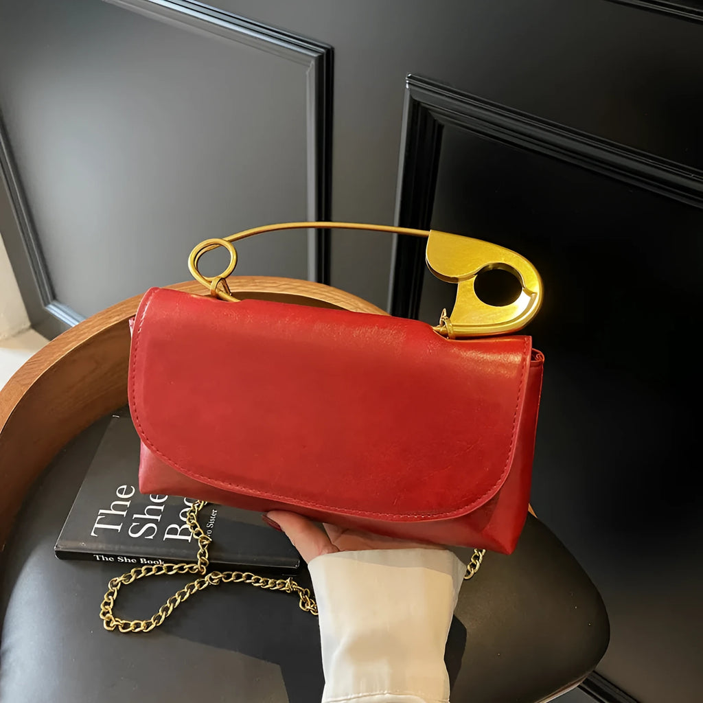 Creative paper clip shoulder handbag in PU leather with sewing thread detail, horizontal square shape