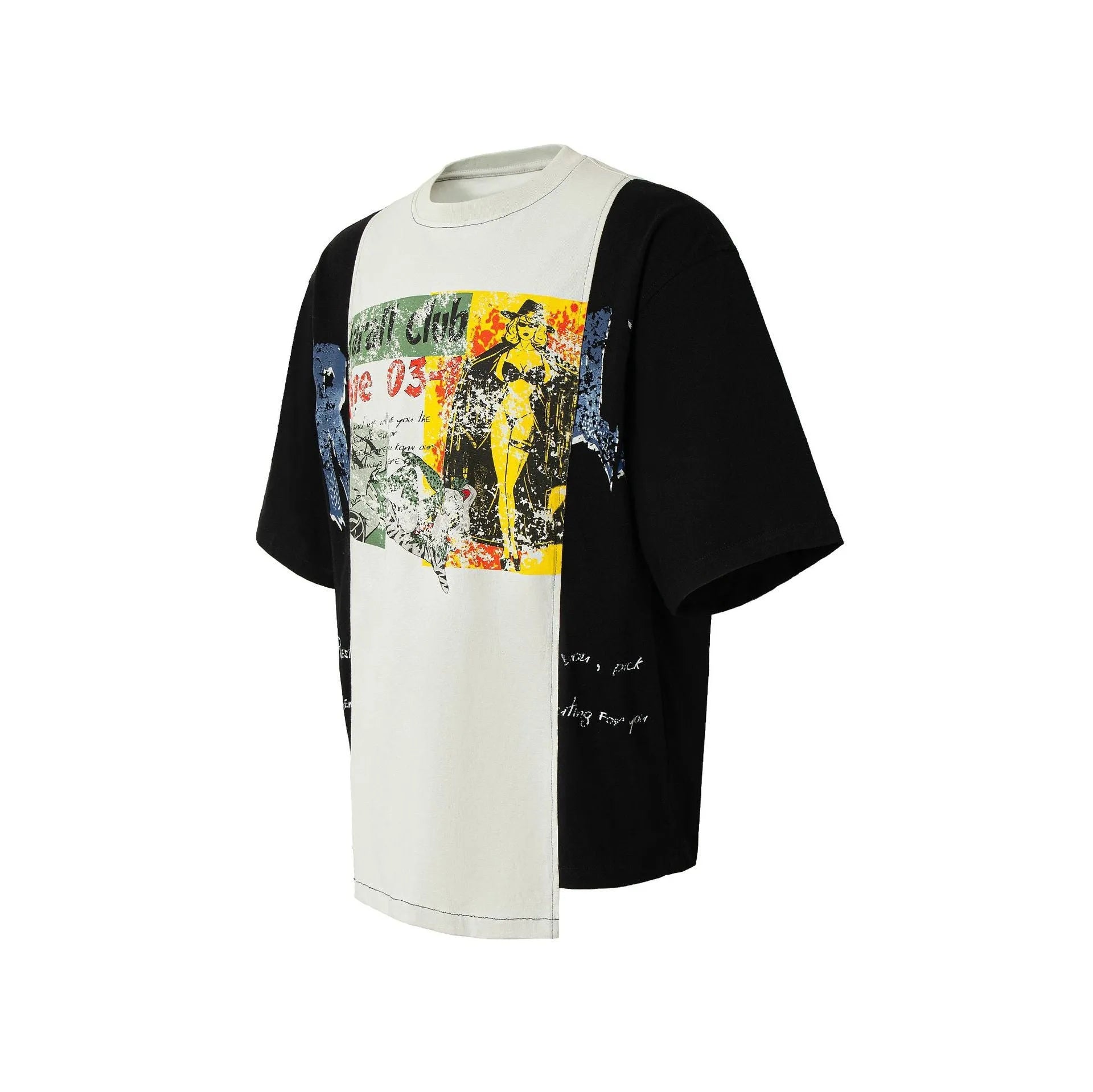 Black and white deconstruction collage printed t-shirt with short sleeves and loose fit.