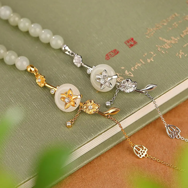 Hetian jade peace buckle bracelet in gold-plated 925 silver with lotus pattern for women