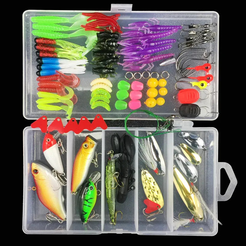 Fishing lure suit set showing soft plastic baits and Lei frog lures organised in PP tackle box