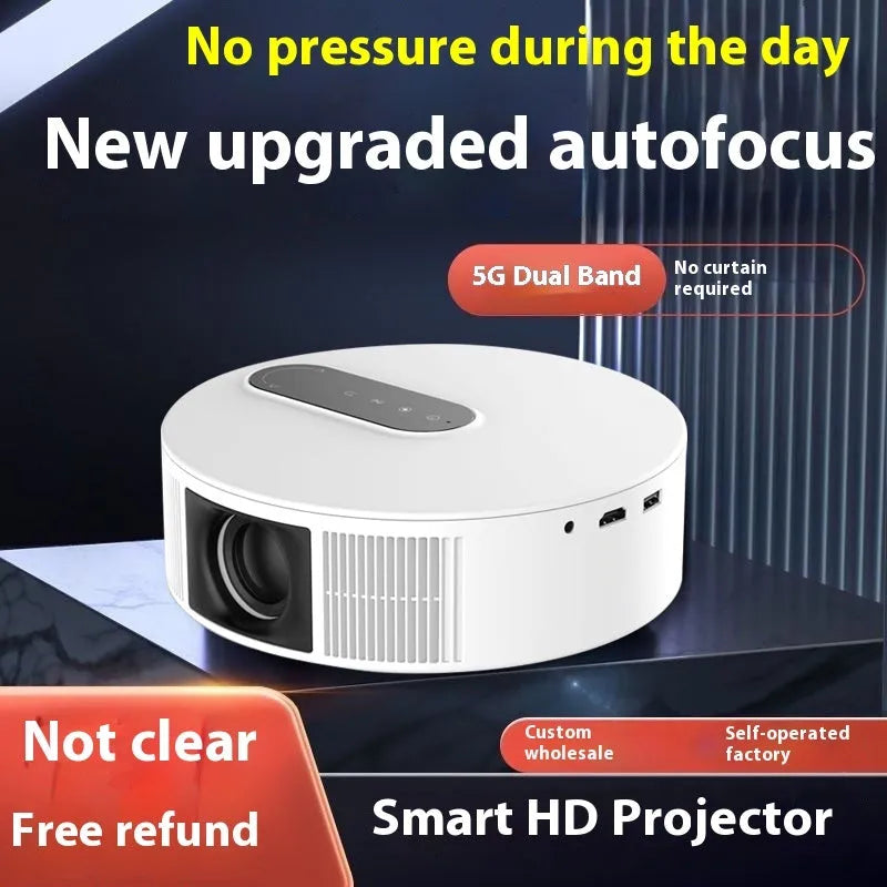 White home theatre projector with remote control on table showing HD 720p resolution specifications