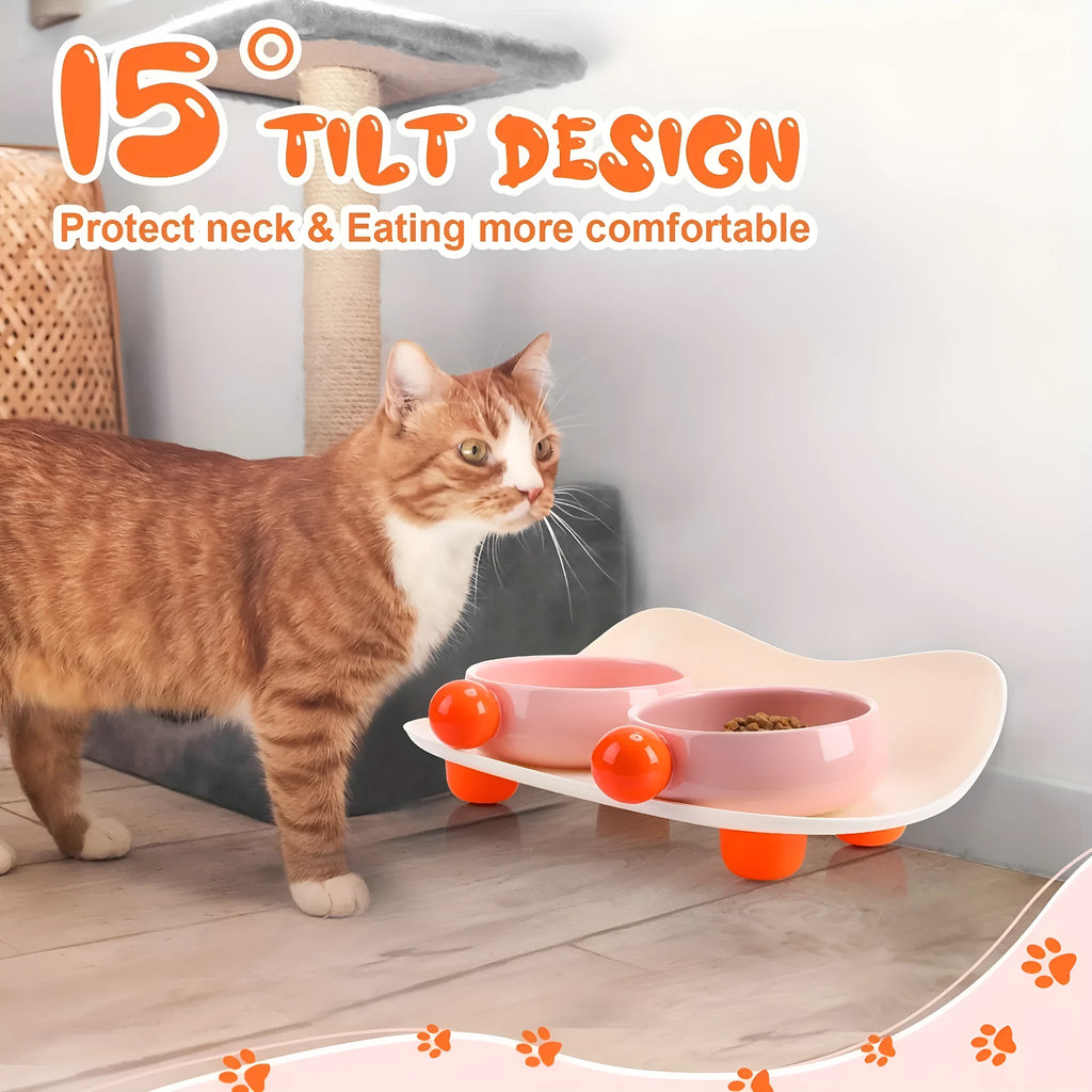 Two elevated ceramic pet bowls in a choice of colours, with a non-slip base, for cats and small dogs.