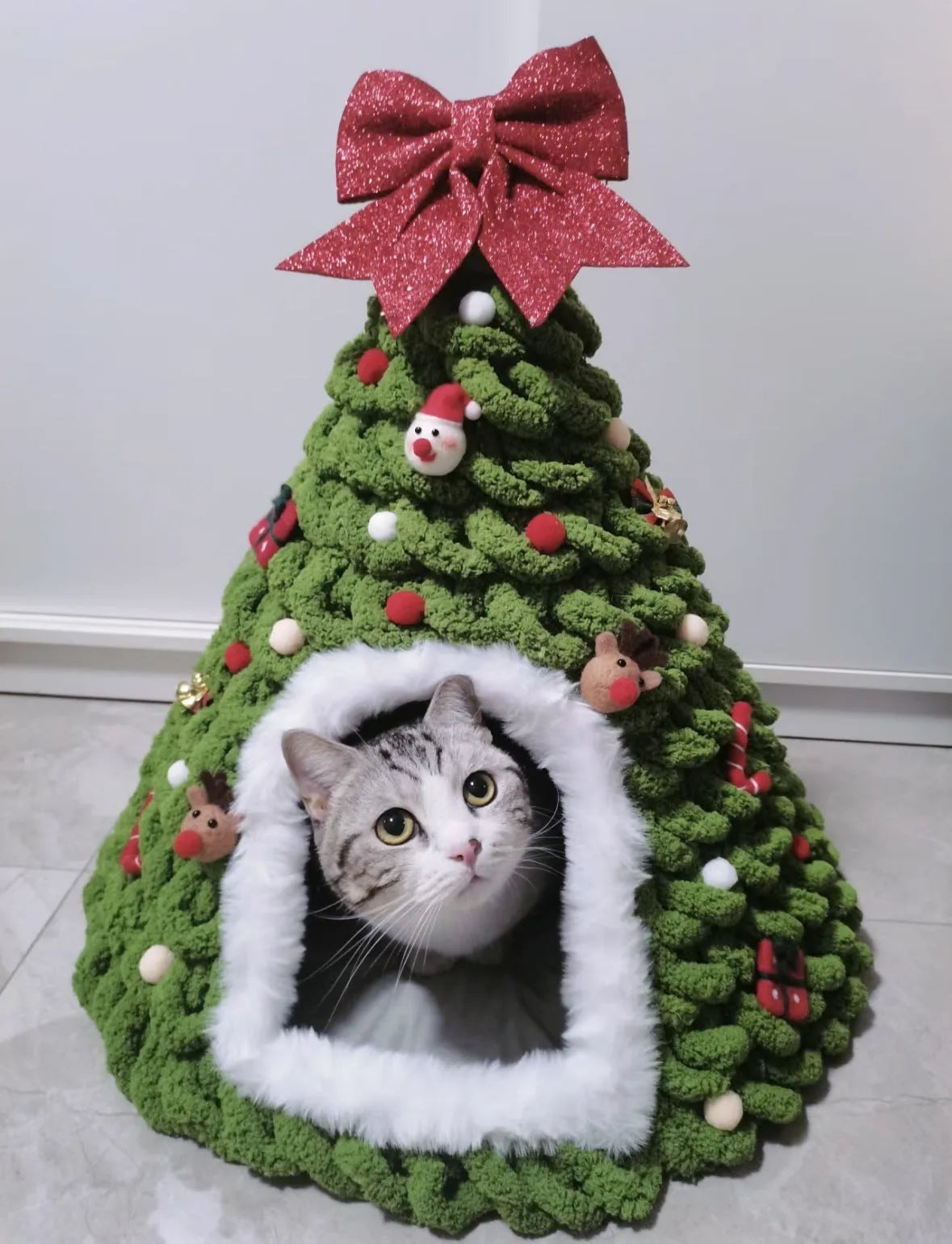 Grey handmade felt enclosed tent style cat nest 50cm diameter 51cm height for cats under 12 pounds