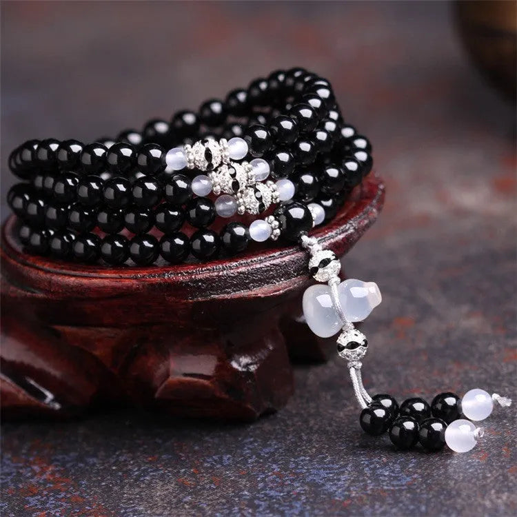 Natural black agate 108 beads bracelet unisex fashion OL style geometric shape numbers element