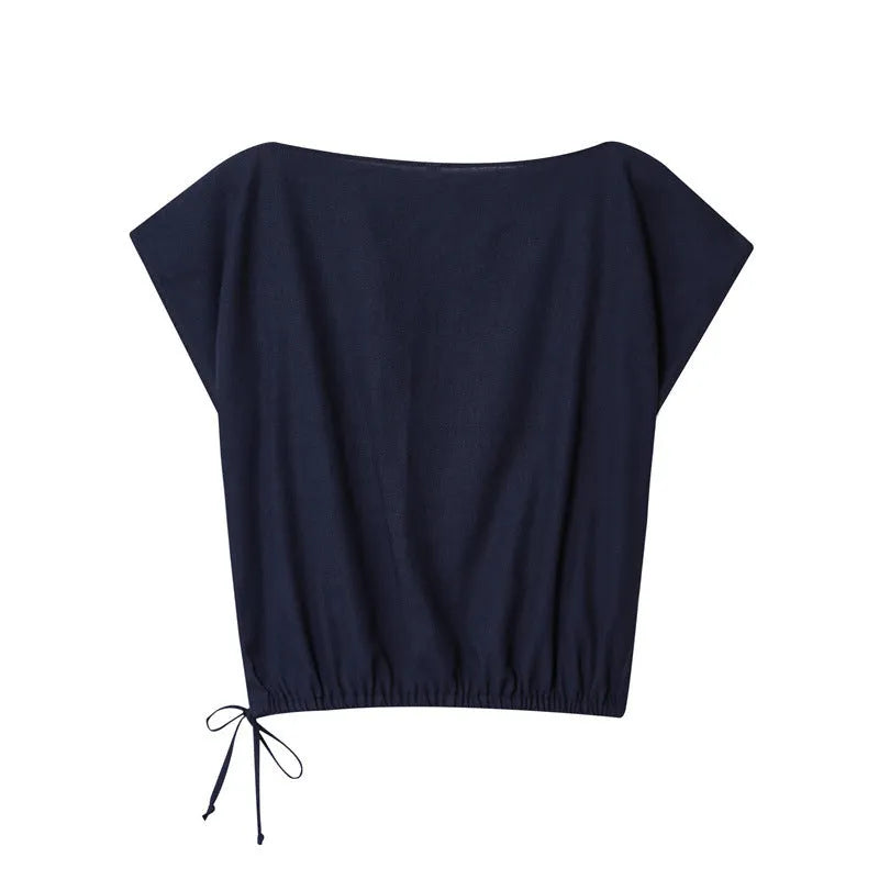 Women's linen-look blend shirt with flounced sleeves paired with wide-leg trousers, a two-piece commute outfit set.