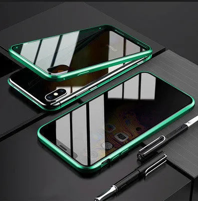 Anti-peep double-sided magneto phone case with metal frame and tempered glass for iPhone – solid colour flip cover