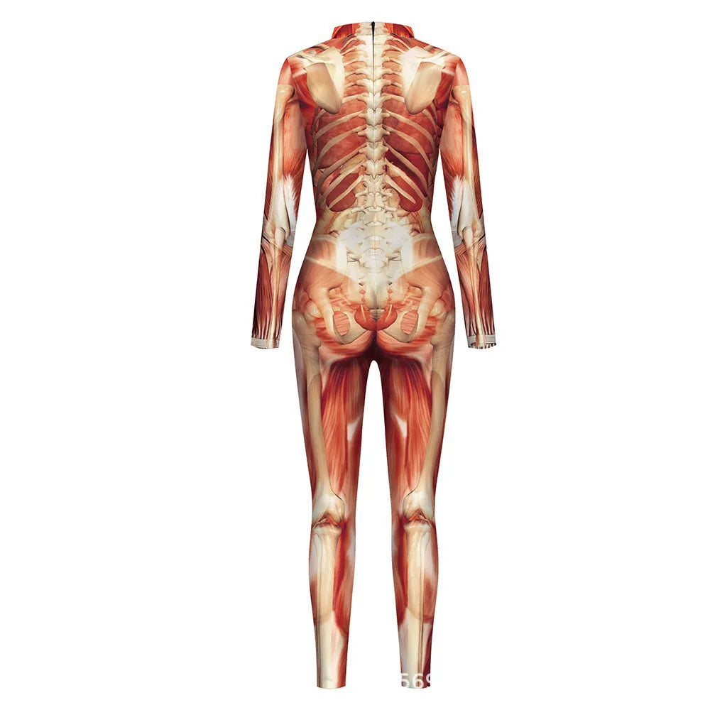 Simulation skeleton one-piece tights in black B142-279 style, showing printed bone design on full body