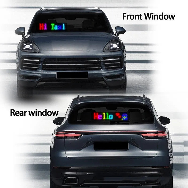 Programmable car LED sign with full-colour display showing custom text and patterns, 16x32 resolution, 7x17cm screen