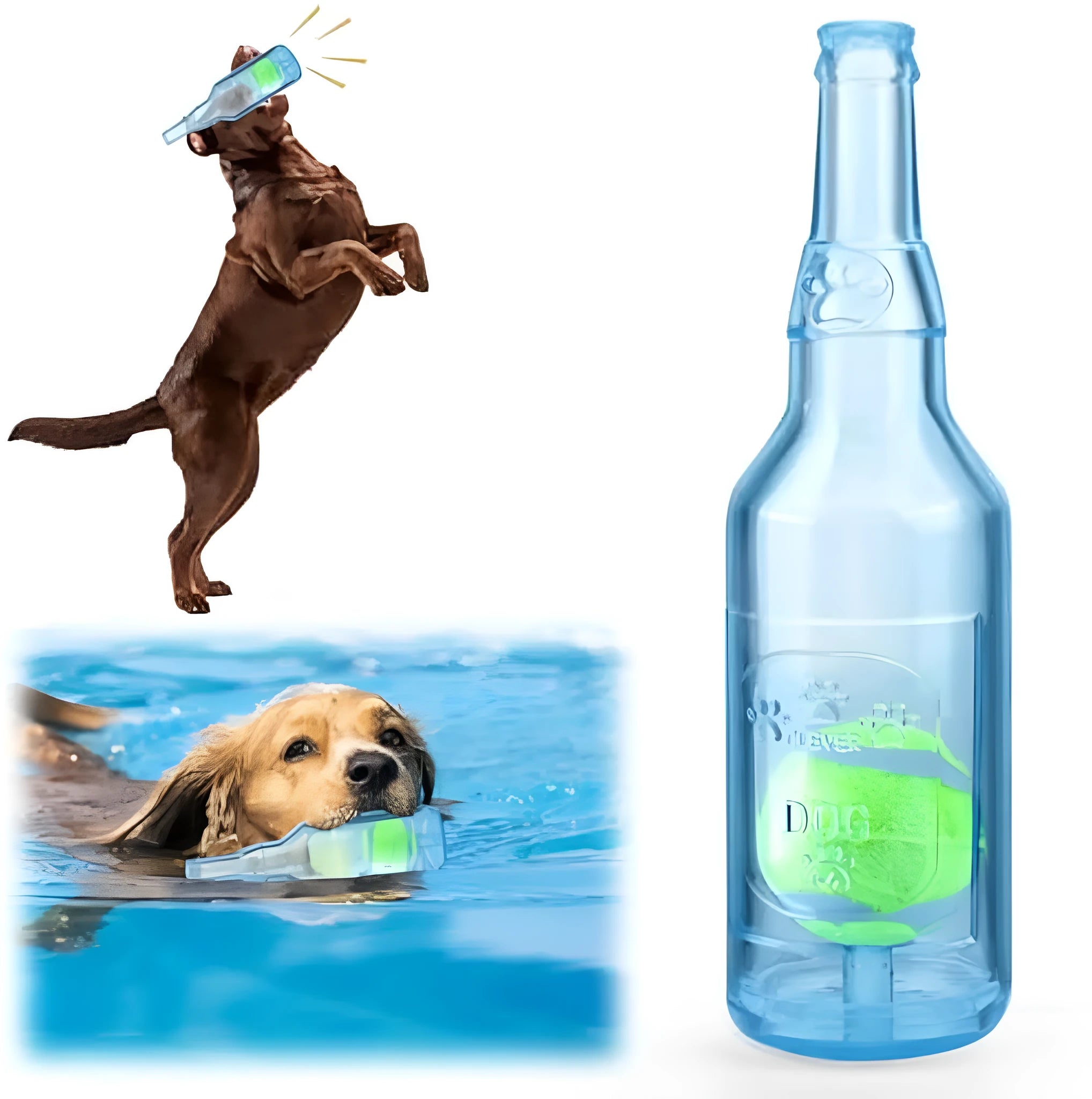 Water bottle dog toy in blue colour with squeaker at tail and internal tennis ball for interactive play