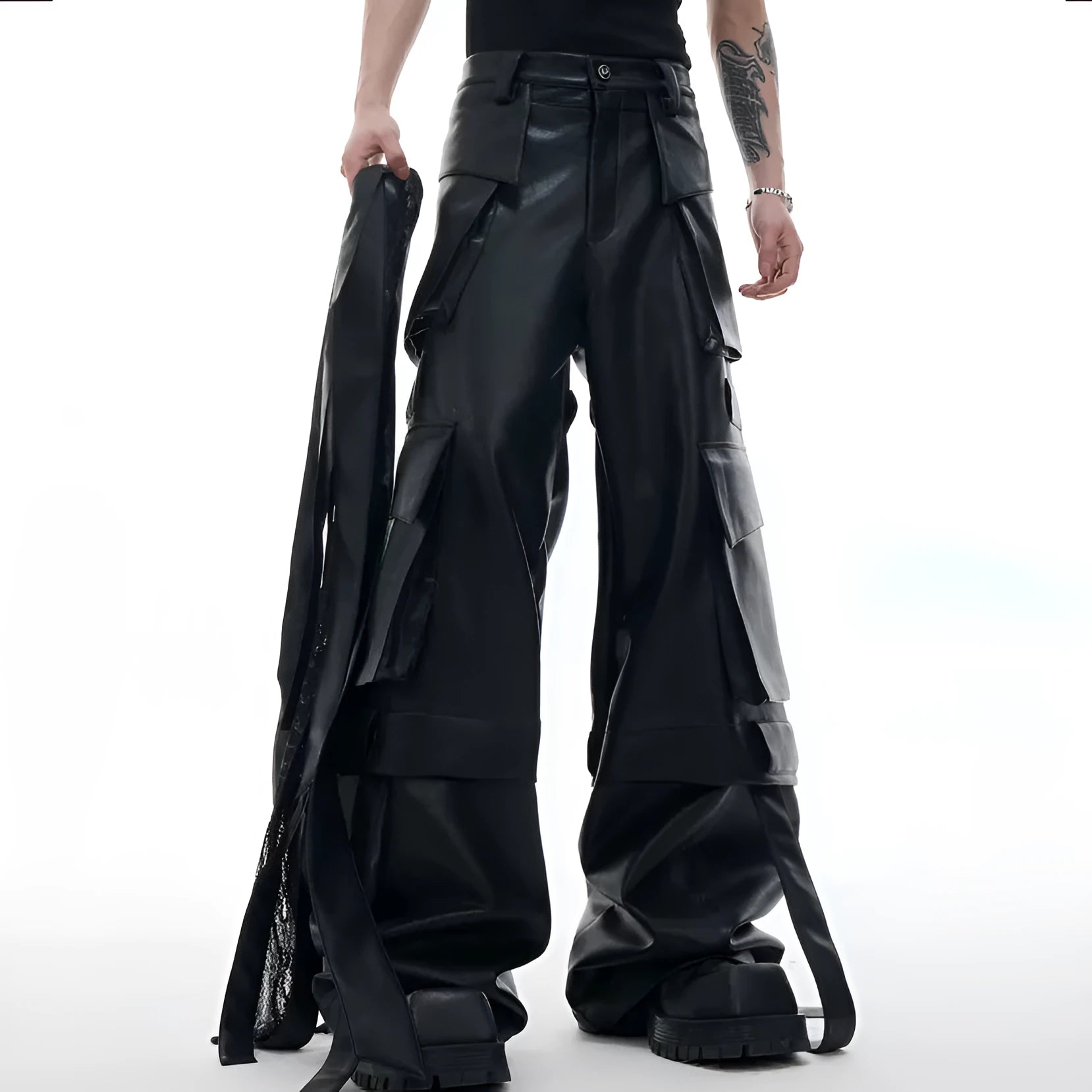 Black loose-fit quilted casual pants with multiple pockets and ribbon detailing.
