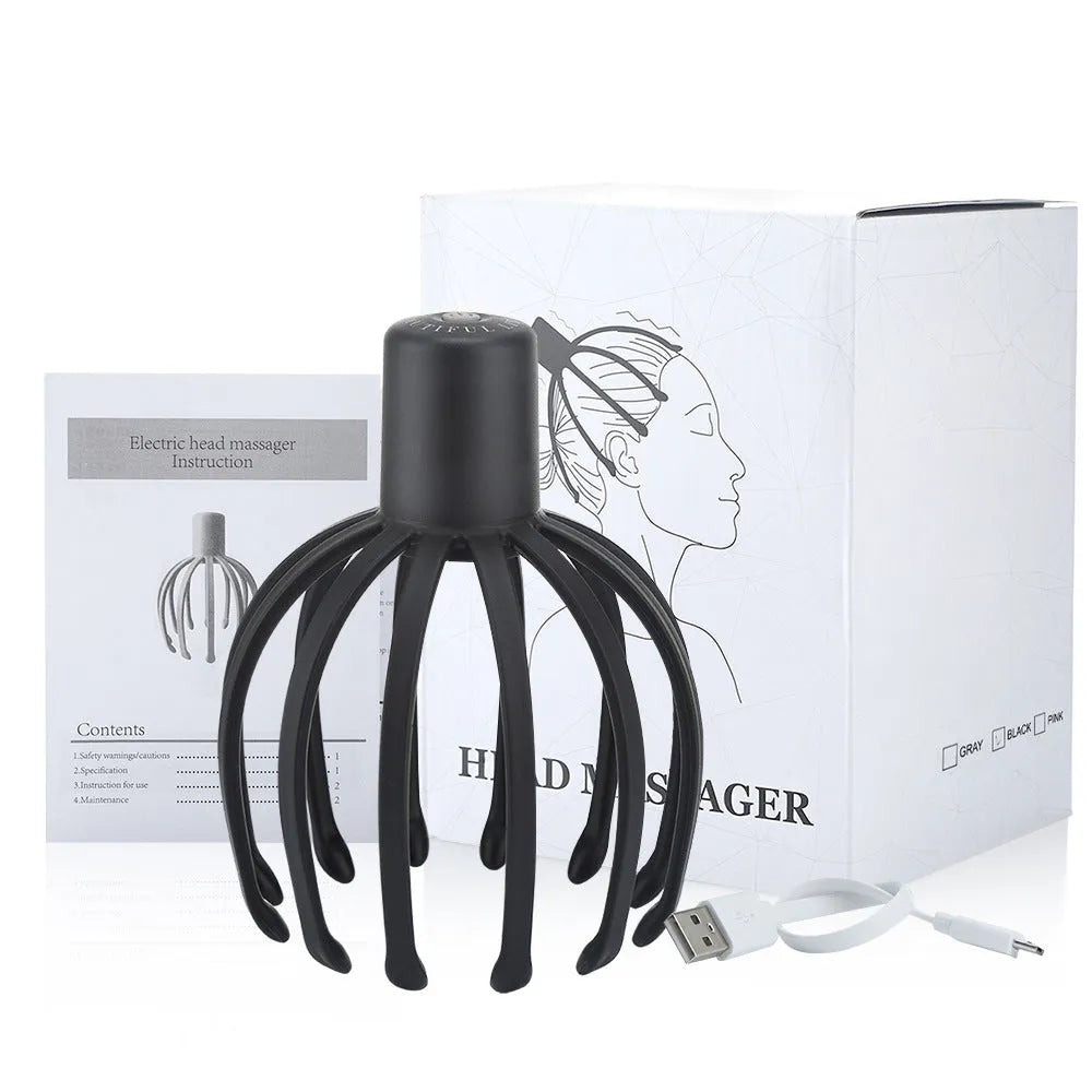 Octopus electric head massage tingler with multi-claw TPE attachment in black rechargeable variant