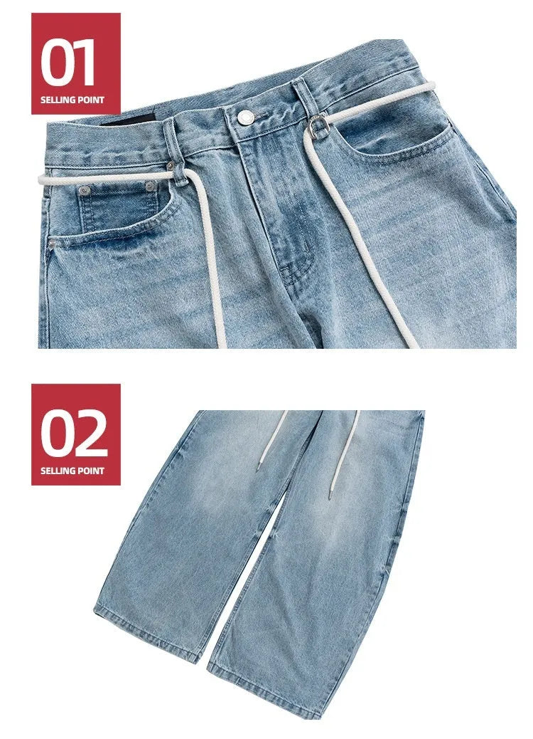 Blue vintage washed cotton denim straight-leg trousers with drawstring belt