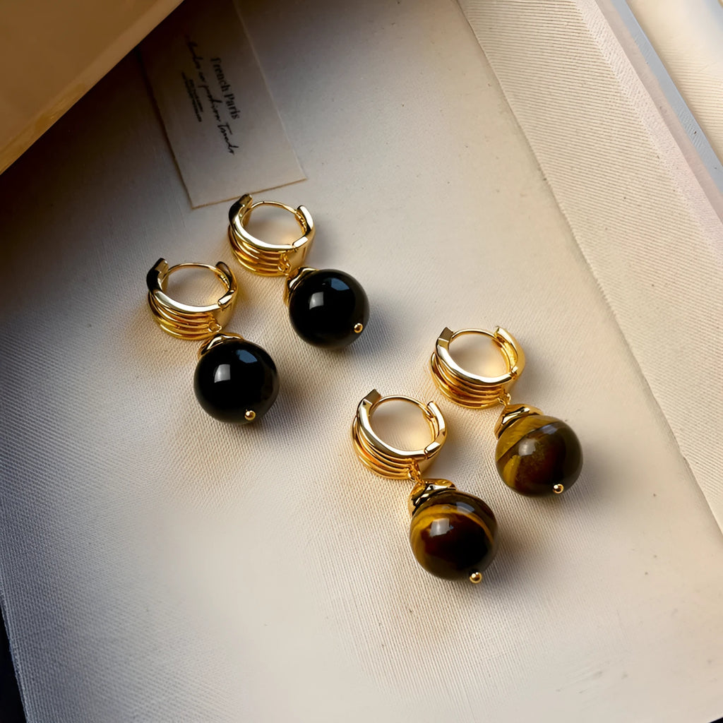 Geometric round Tigereye earrings with gold plating in brown and black colour options