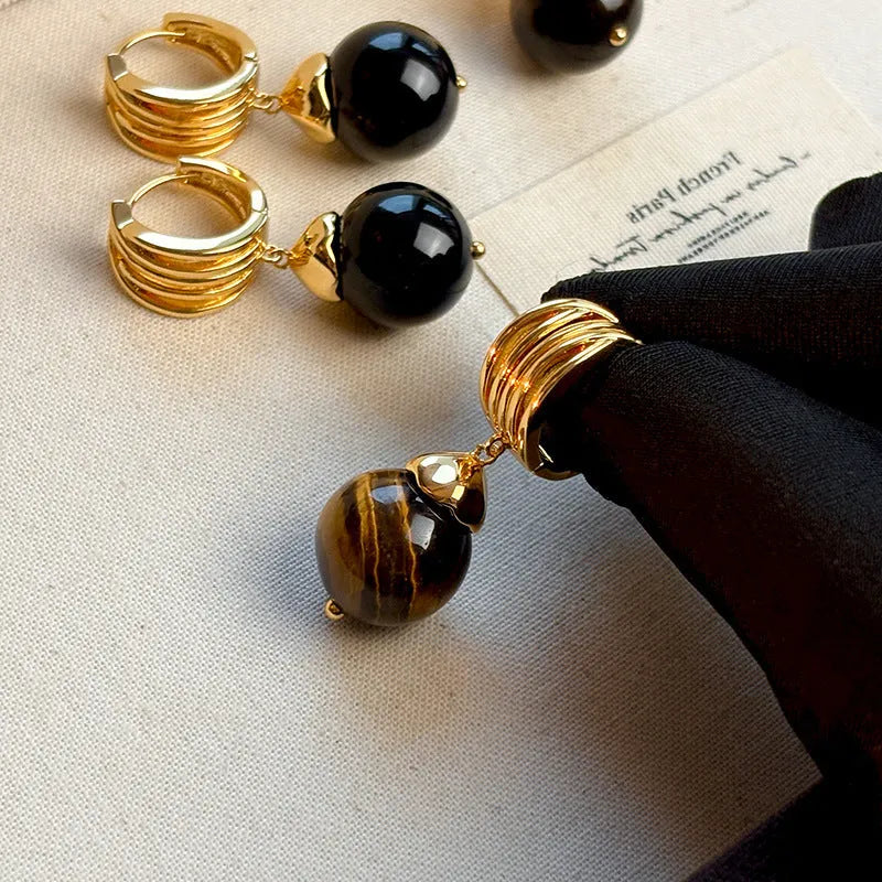 Geometric round Tigereye earrings with gold plating in brown and black colour options