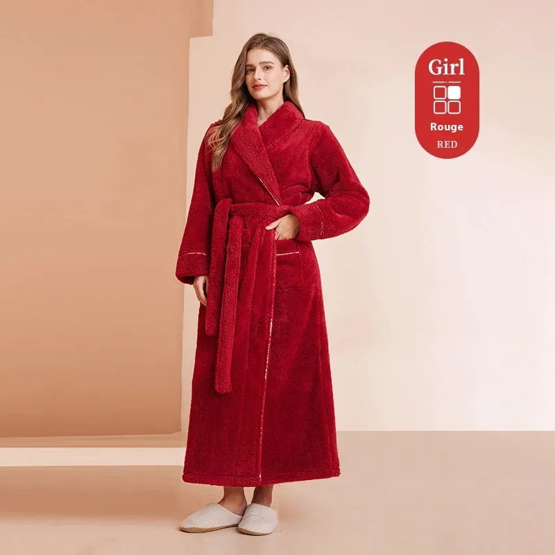 Super thick flannel winter bathrobe for a couple in red and grey, showing plus size fit.