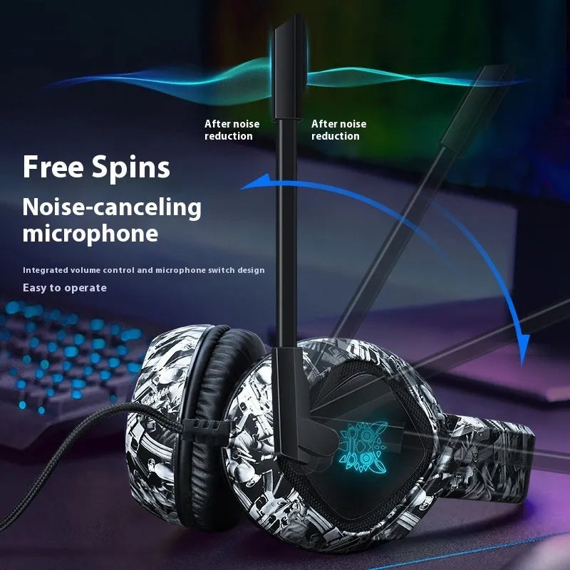 Camouflage grey wired RGB gaming headset with head-mounted design and 2.2 metre braided cable