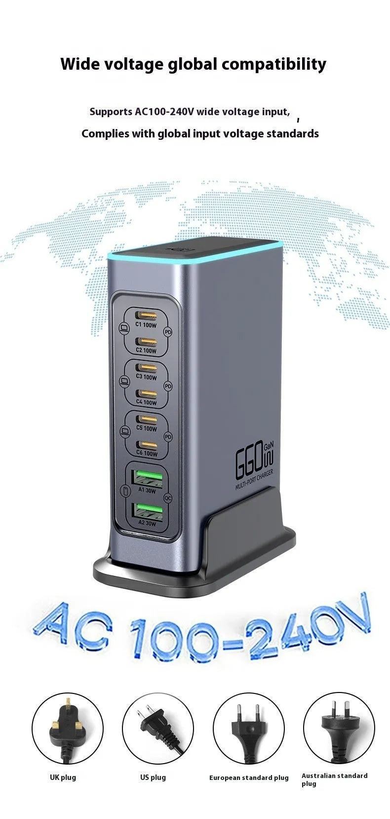 660W GaN desktop fast charger with multiple USB-C ports for phones and tablets