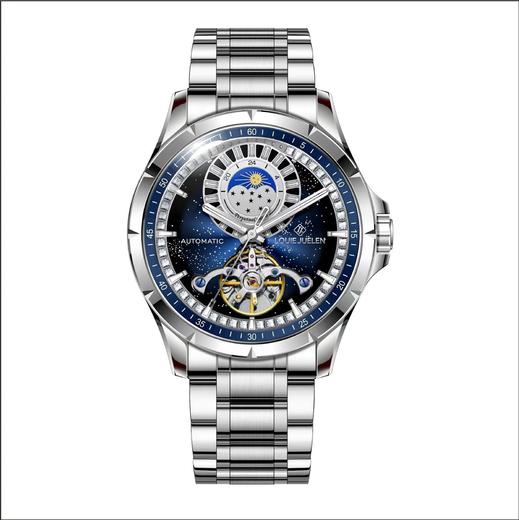 Men's silver automatic mechanical watch with blue dial and stainless steel bracelet on wrist