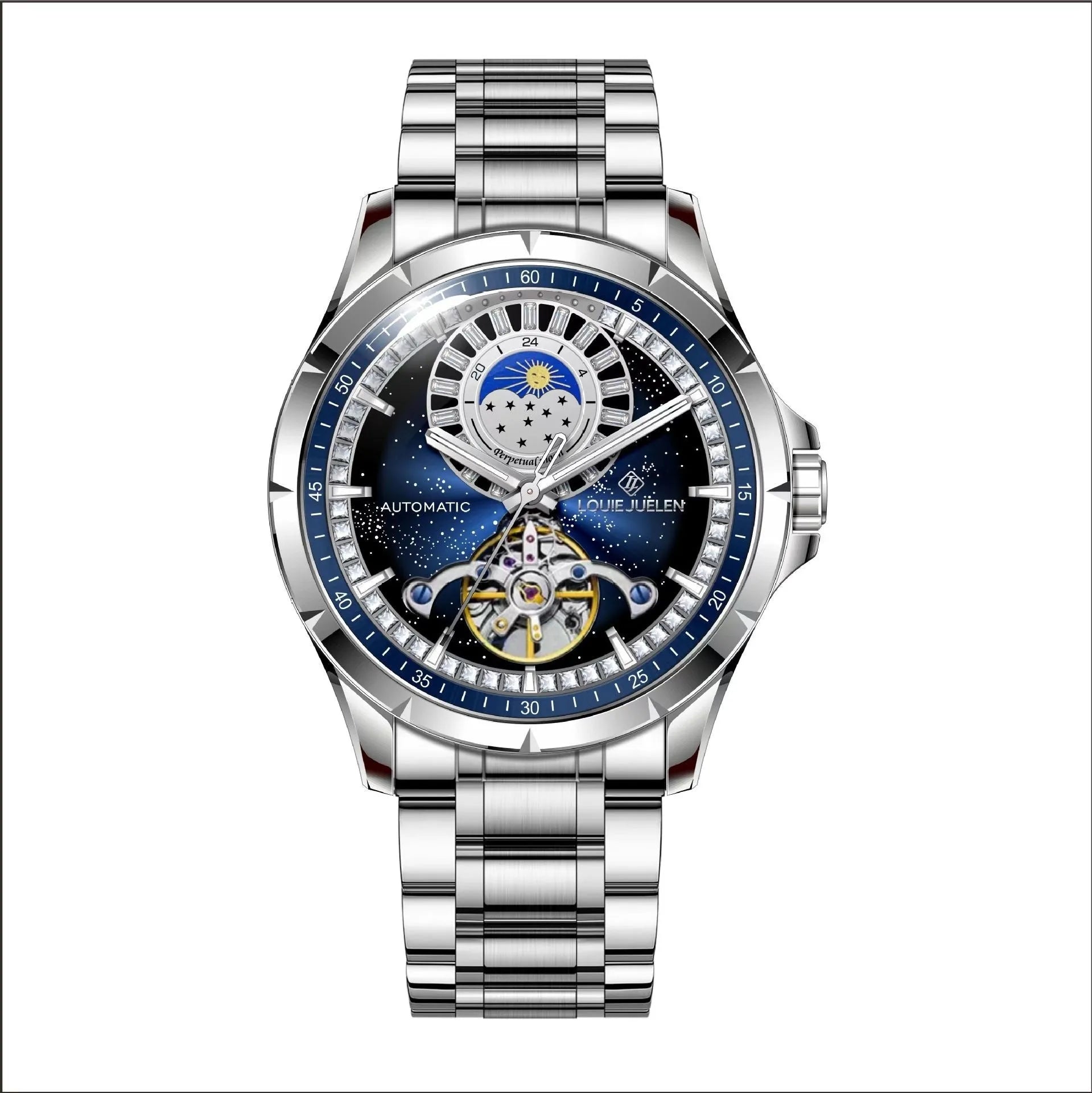 Men's silver automatic mechanical watch with blue dial and stainless steel bracelet on wrist
