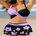 Women's purple bikini swimsuit with split skirt and lace-up detail, high waist backless design