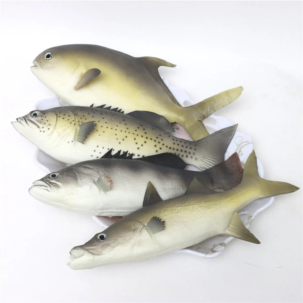 Three PU simulated fish ornaments: flower fish, small tuna, and yellow croaker with detailed textures