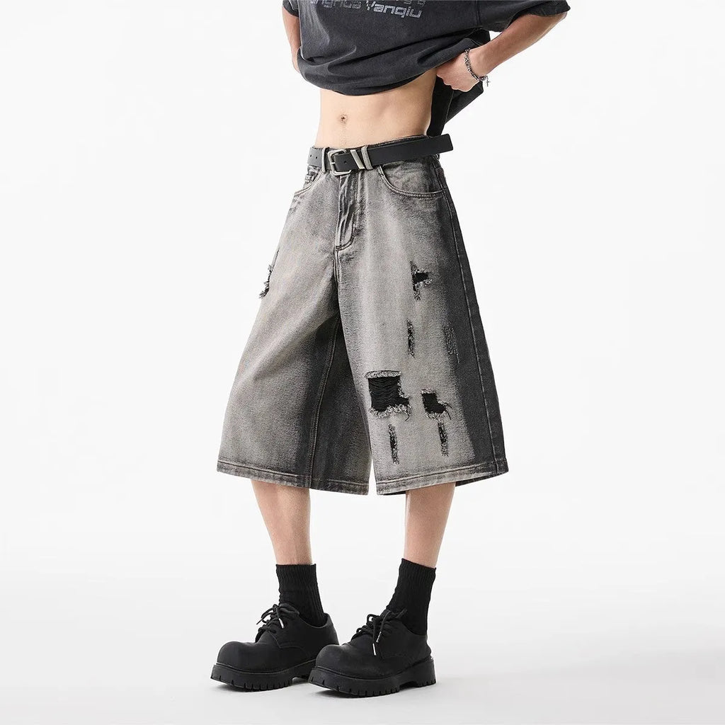 High Street Water Washed Hole Denim Shorts in gray, loose cropped fit, cotton fabric, for summer