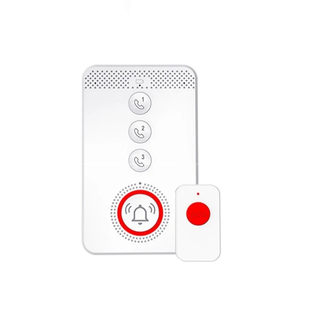White emergency alert system with one buzzer unit and three portable emergency button transmitters