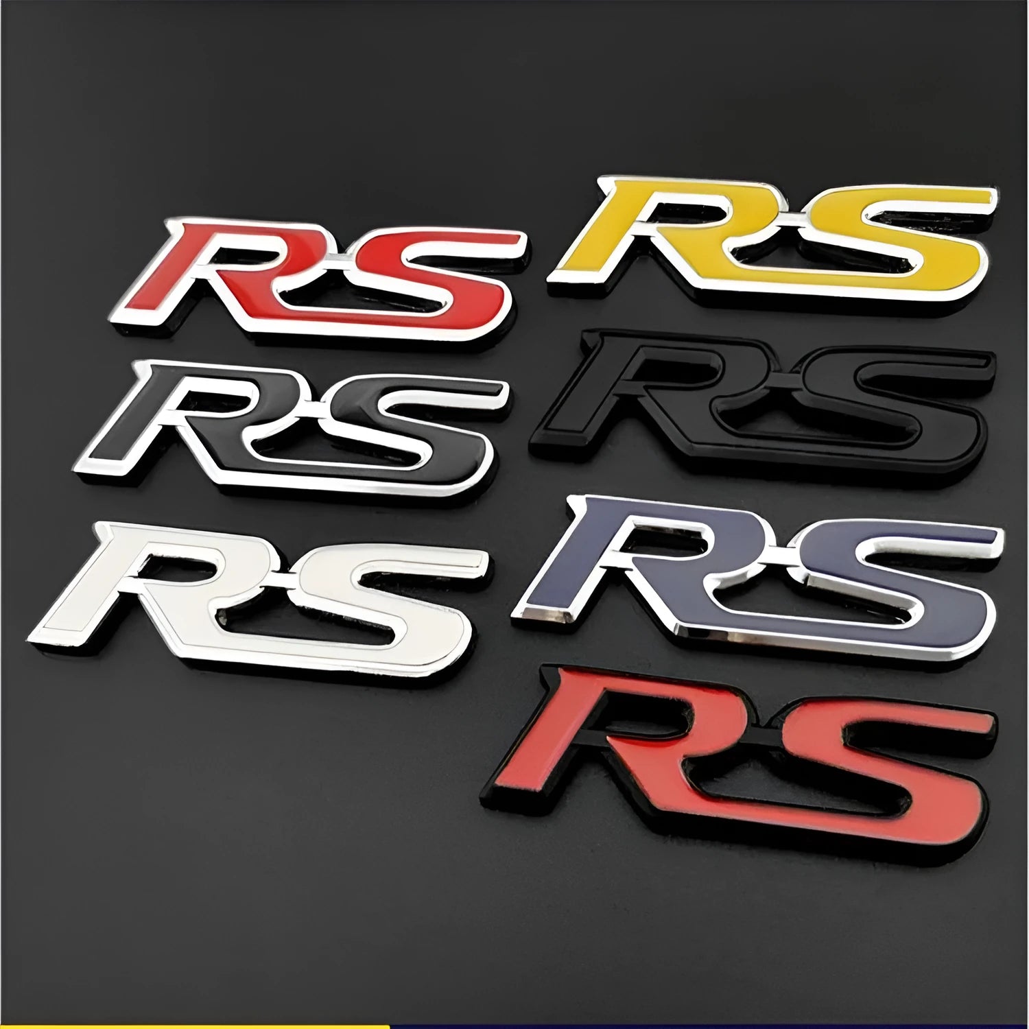 Zinc alloy metal car tail tag sticker RS series 9 x 2.4cm silver edge black