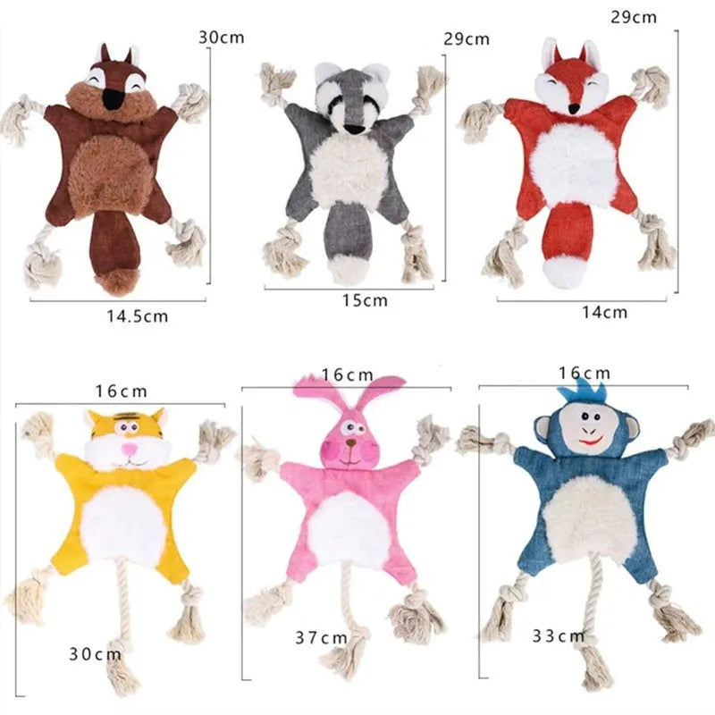 Set of six plush squeaky dog toys shaped like fox, squirrel, monkey, koala, rabbit, and tiger with rope