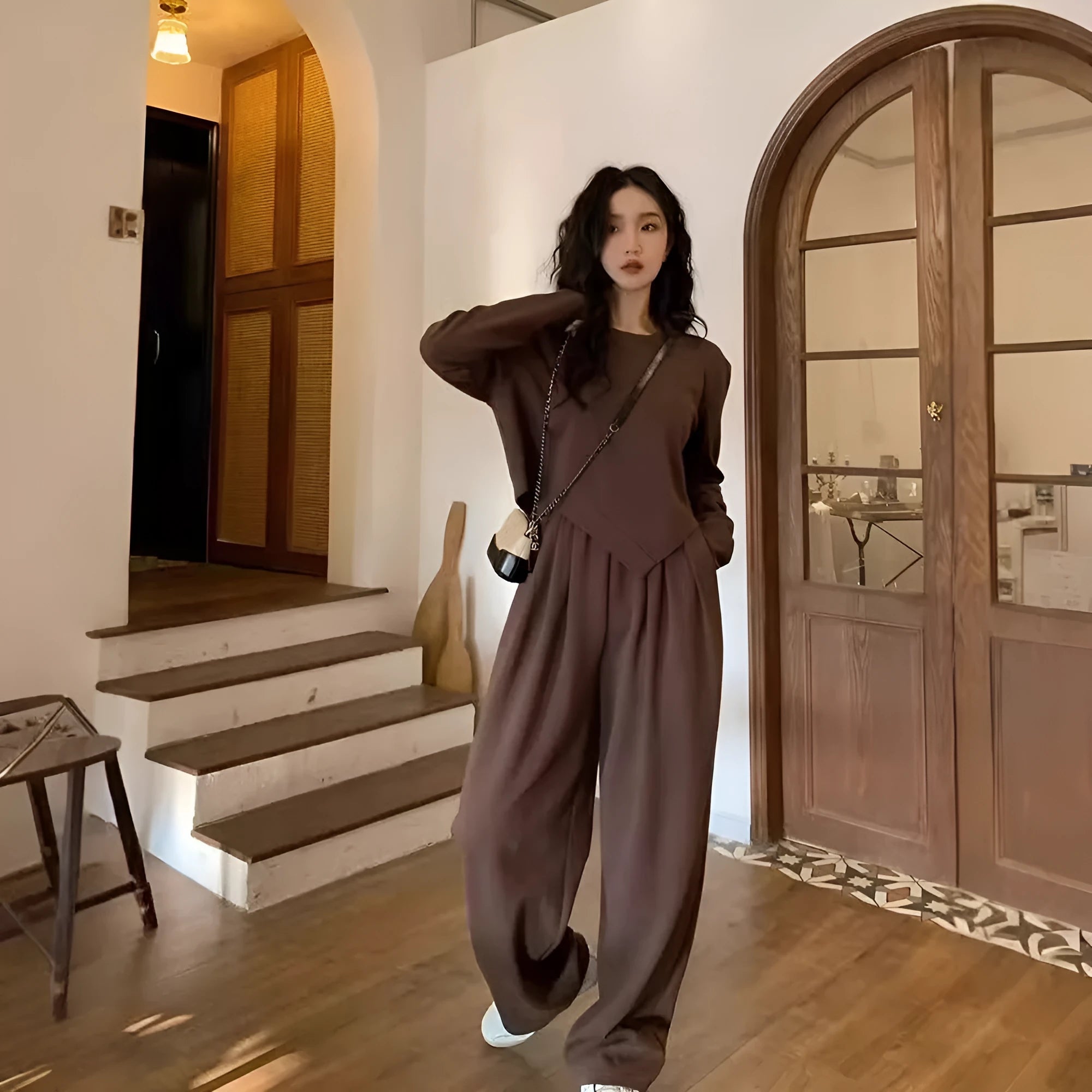 Women's casual sports suit set in khaki colour with loose fit top and trousers
