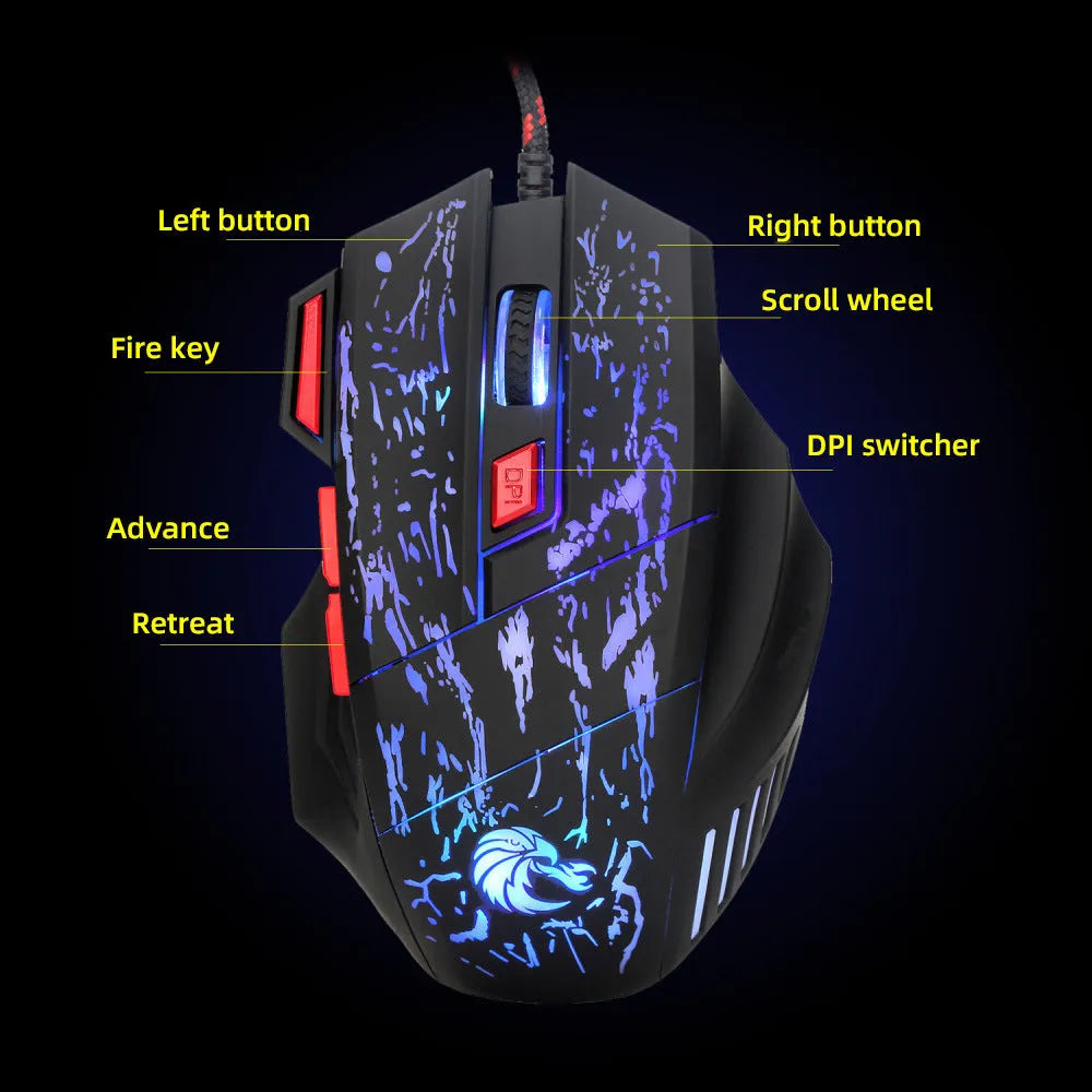 Water crack colourful luminous gaming mouse with USB cable and ergonomic design for desktop computers