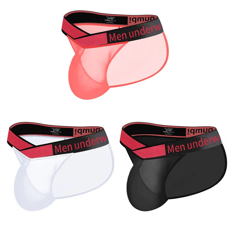 Men's ice silk nylon underwear briefs in a V-cut high leg design on a low waist, shown in red colour.