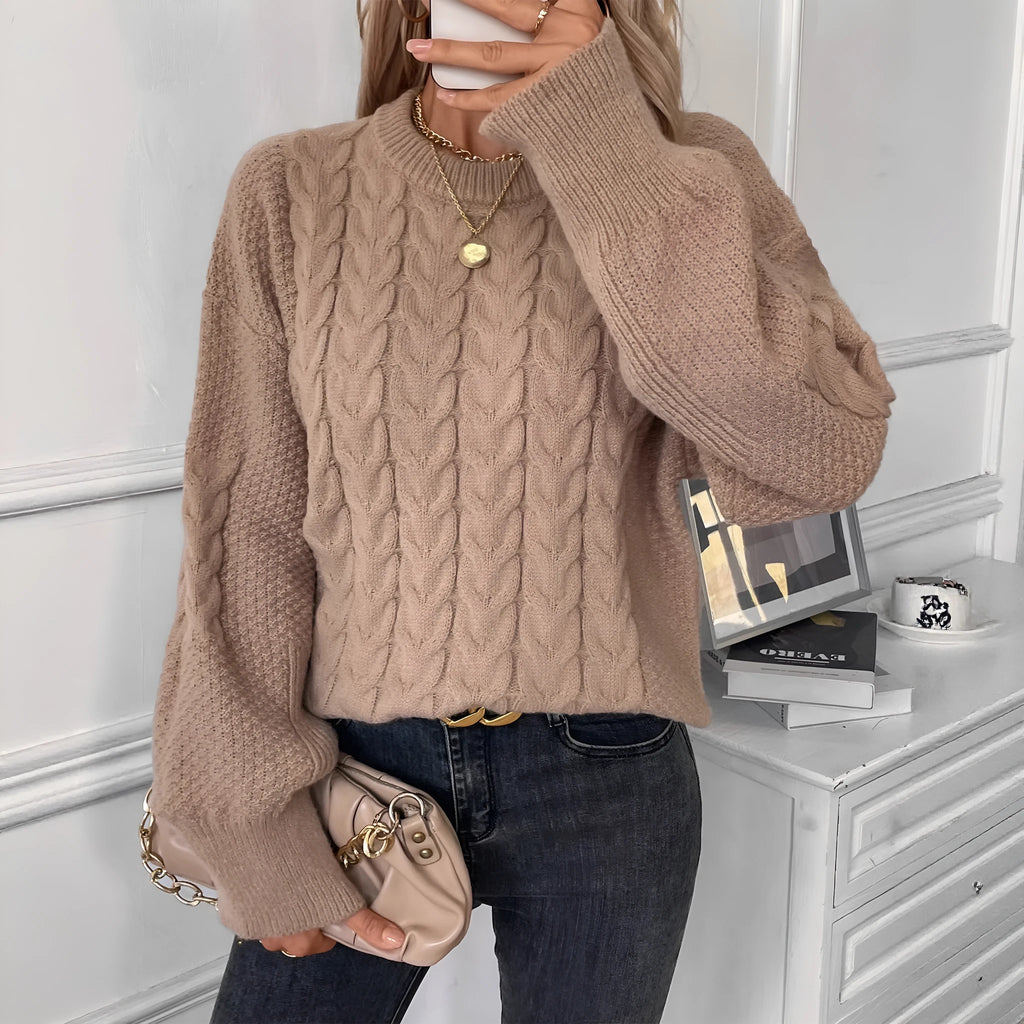 Women's beige loose pullover sweater with twist detail and round neck